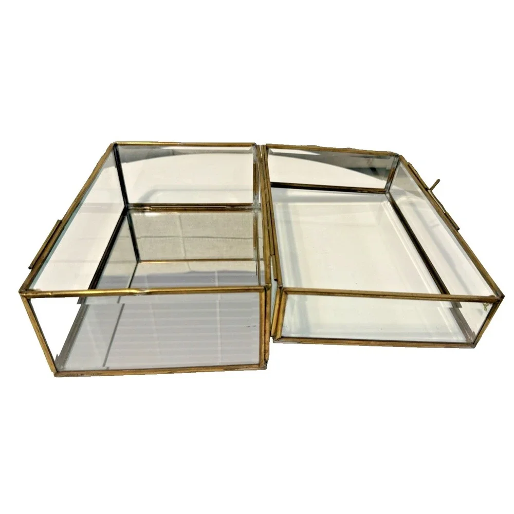 Vintage Enesco Glass Brass Large Curio Trinket Jewelry Box Display